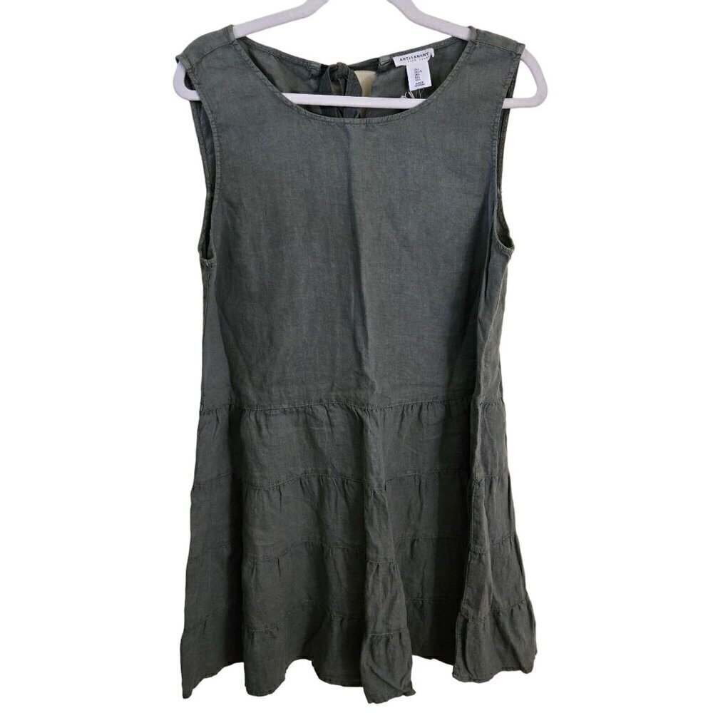 Artisan NY NWT 100% Linen Lagonlook Olive Green Tiered Tunic Dress Size L